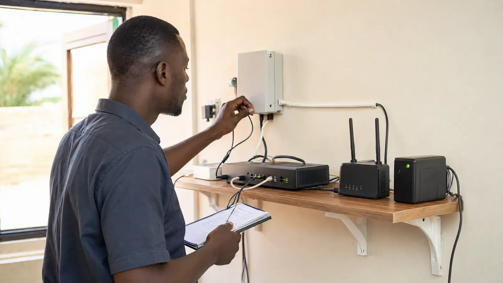 Technician checking primary and backup internet connections at a Gambian business