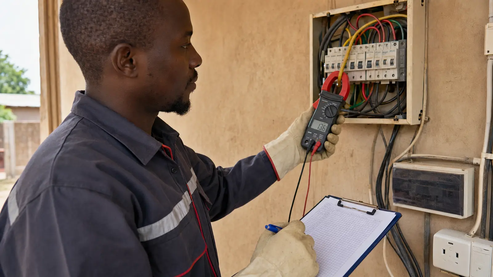 A Gambian technician measuring electrical load with a clamp meter before sizing a backup system