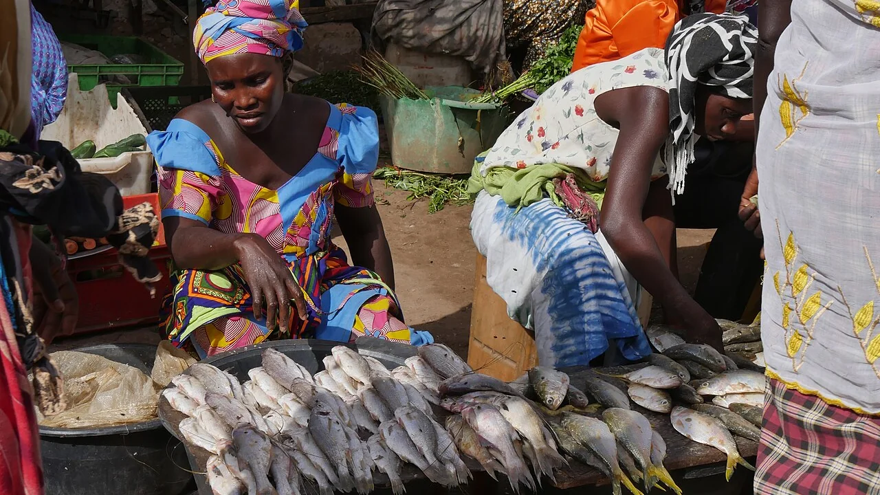 Women selling fish at a stall in Serekunda Market