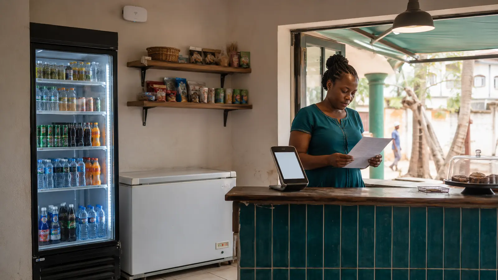 A Gambian shop operating with refrigeration payment and Wi-Fi equipment