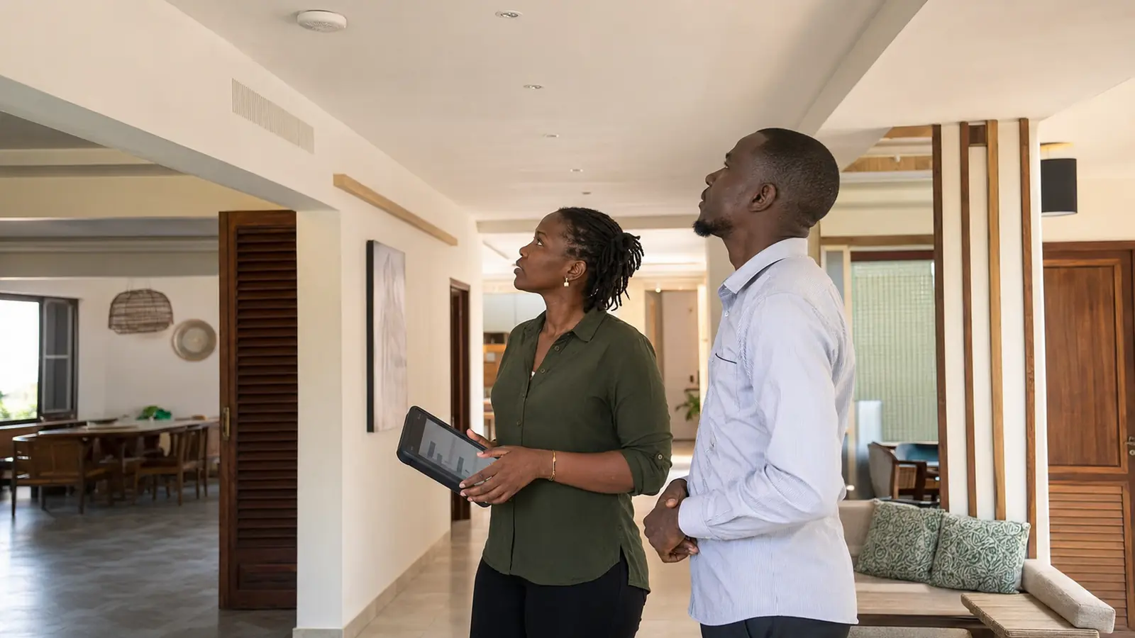 Network specialist checking business Wi-Fi coverage in a modern Gambian hotel or office