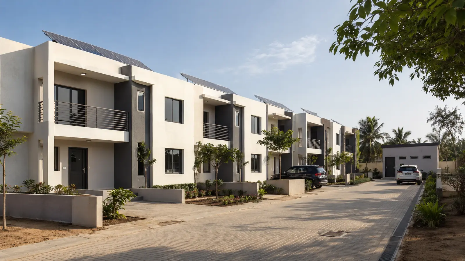 A contemporary Gambian townhouse development with rooftop solar and a shared utility building