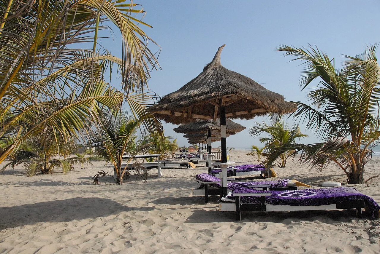 Beach loungers and shade on the Atlantic coast of The Gambia