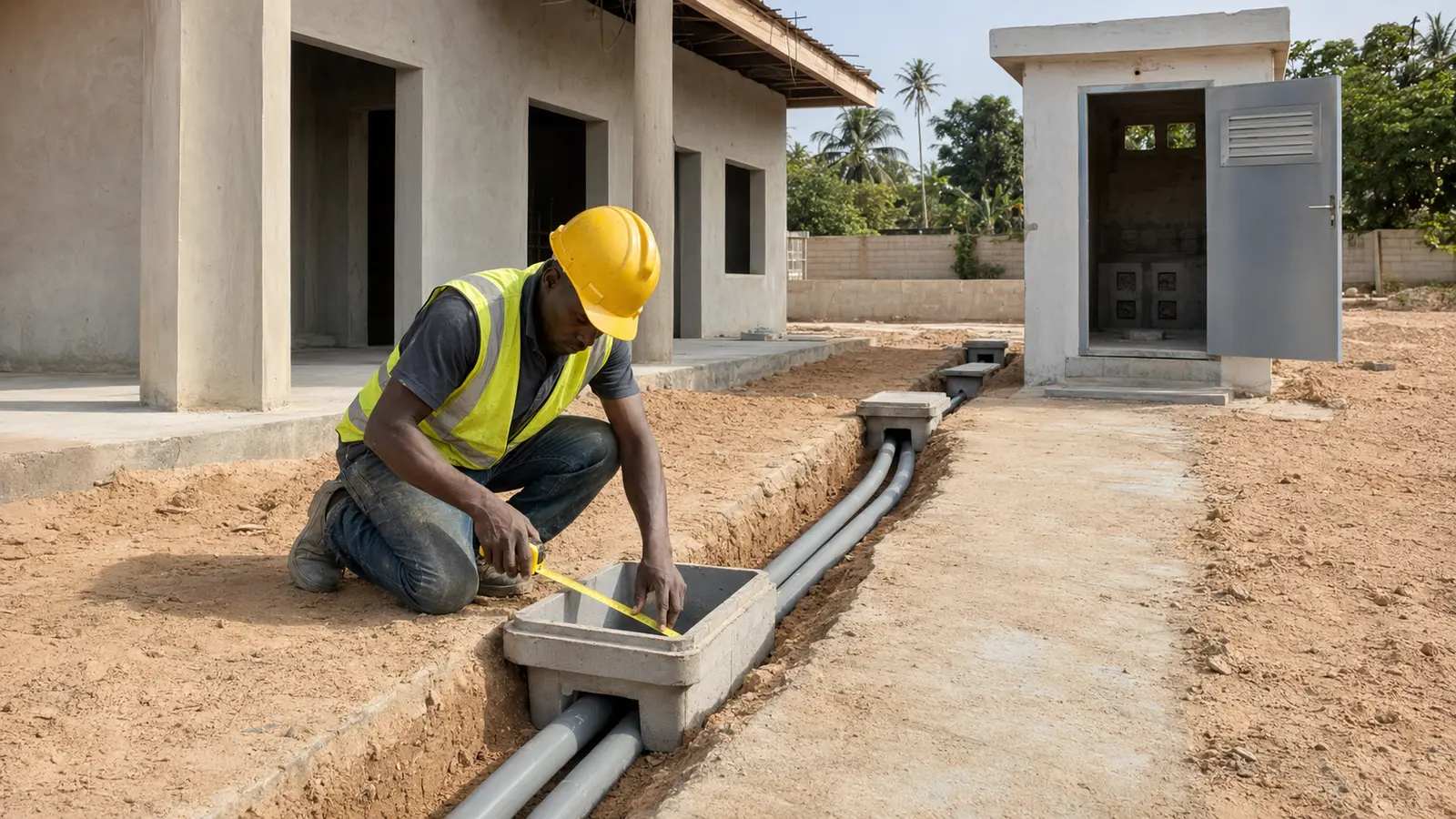 A technician measuring a telecom pull box connected by two conduits at a Gambian construction site