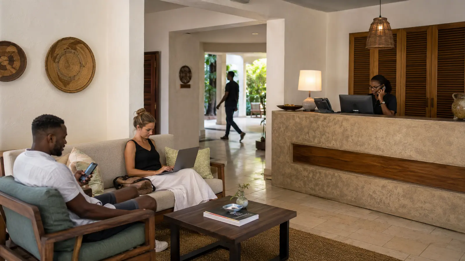 Guests and staff using separate devices in a connected Gambian hospitality venue