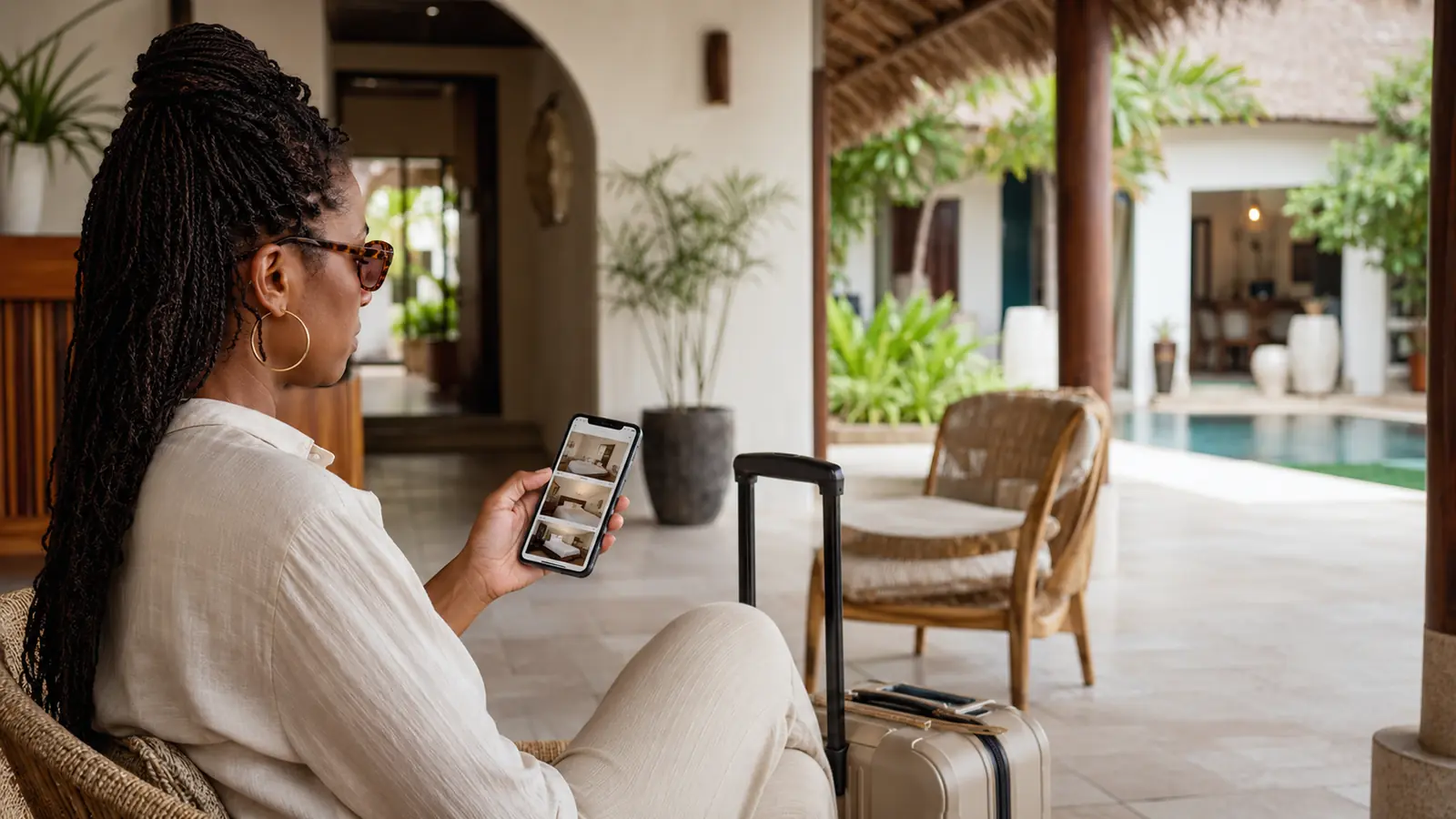 Traveller comparing hotel rooms on a phone at a premium Gambian property