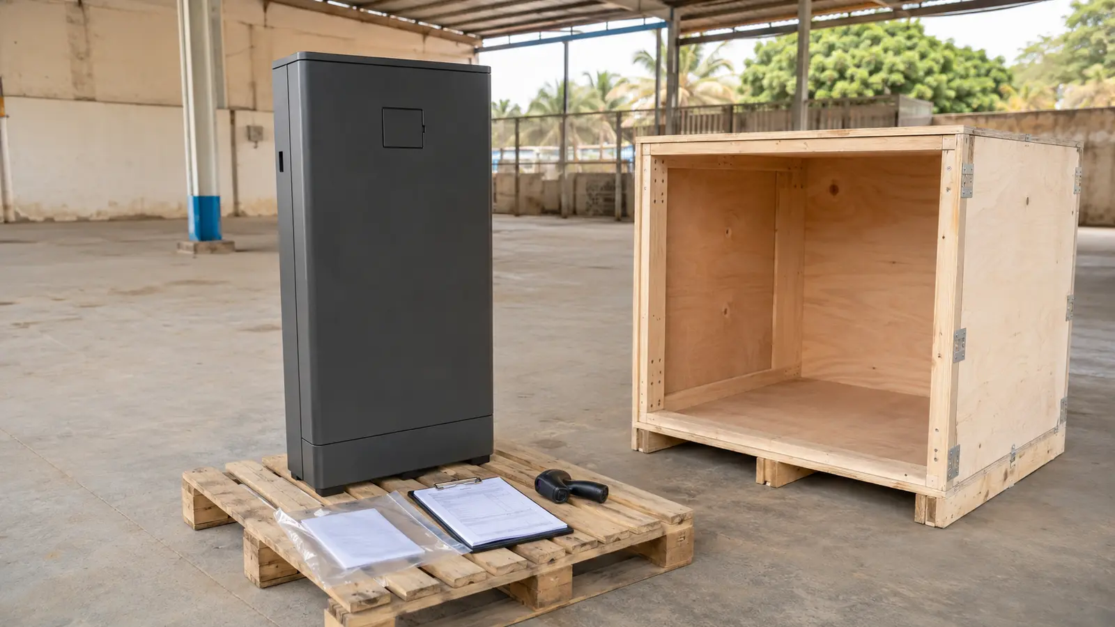 One stationary LFP battery beside an empty shipping crate inspection documents and a barcode scanner in a Gambian warehouse
