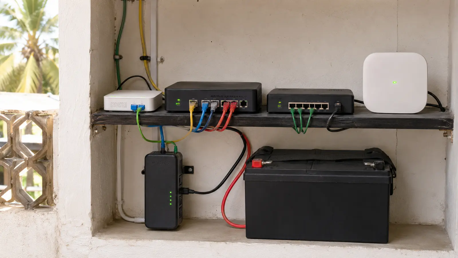 A fibre terminal gateway network switch Wi-Fi access point backup modem and battery connected as one continuity system