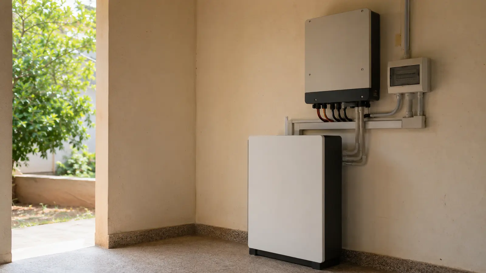 A single stationary LFP battery with a hybrid inverter and separate protection box