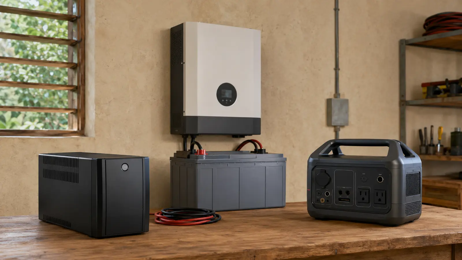 A compact UPS an inverter with stationary battery and a portable power station arranged for comparison