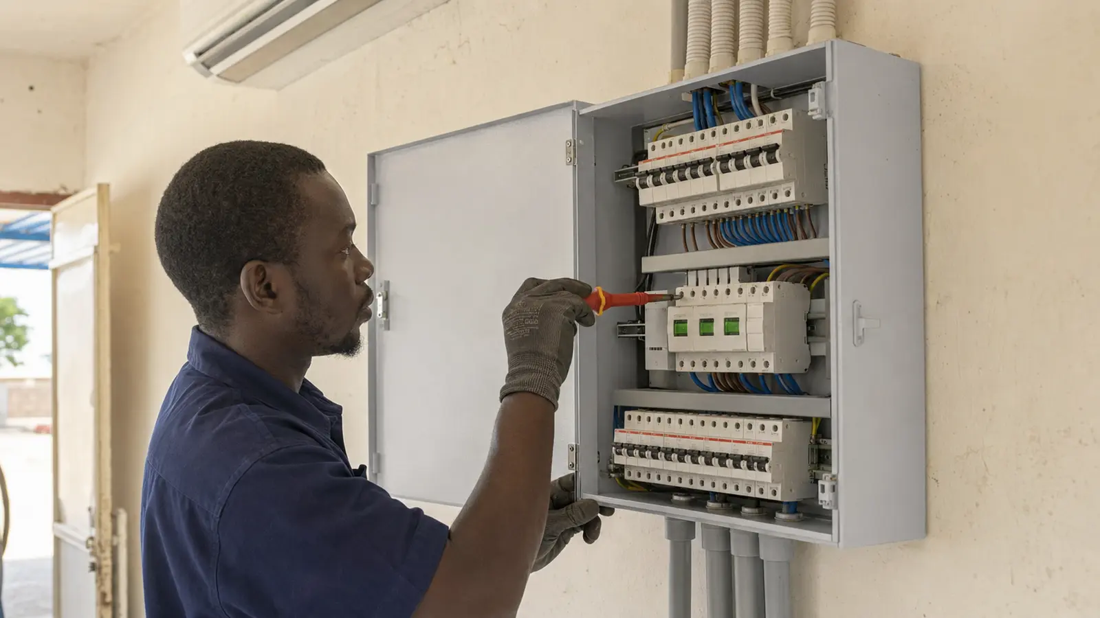 An electrician inspecting a commercial distribution board with surge protection