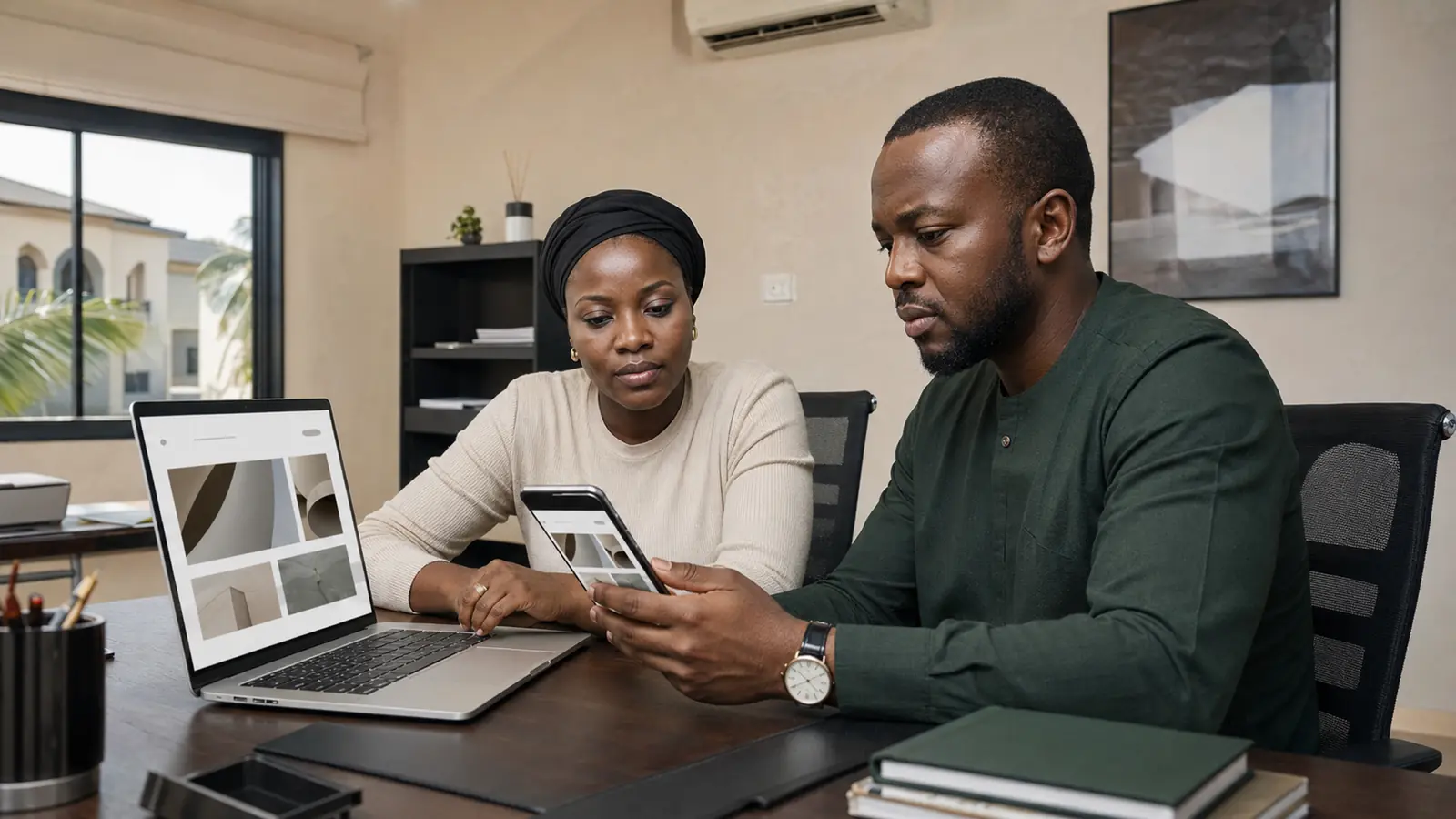 Business owner reviewing a mobile website with a colleague in a contemporary Gambian office
