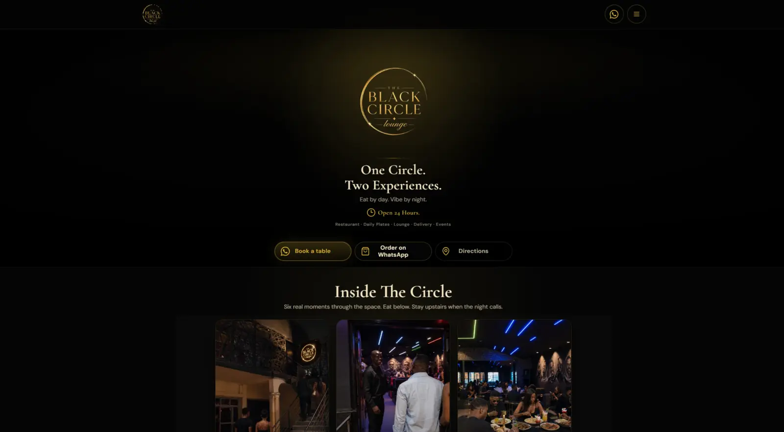 Black Circle Lounge website with table booking, WhatsApp ordering and directions.