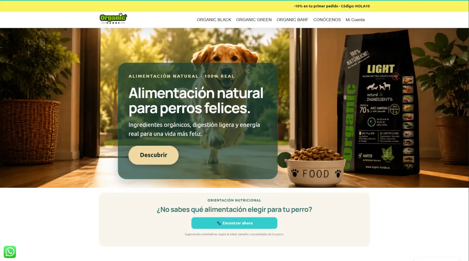 Organic Hunde ecommerce homepage for natural dog food.